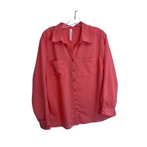 NY Collection Petite Pink Semi Sheer Check Long Sleeve Button Up Top Womens L/XL
